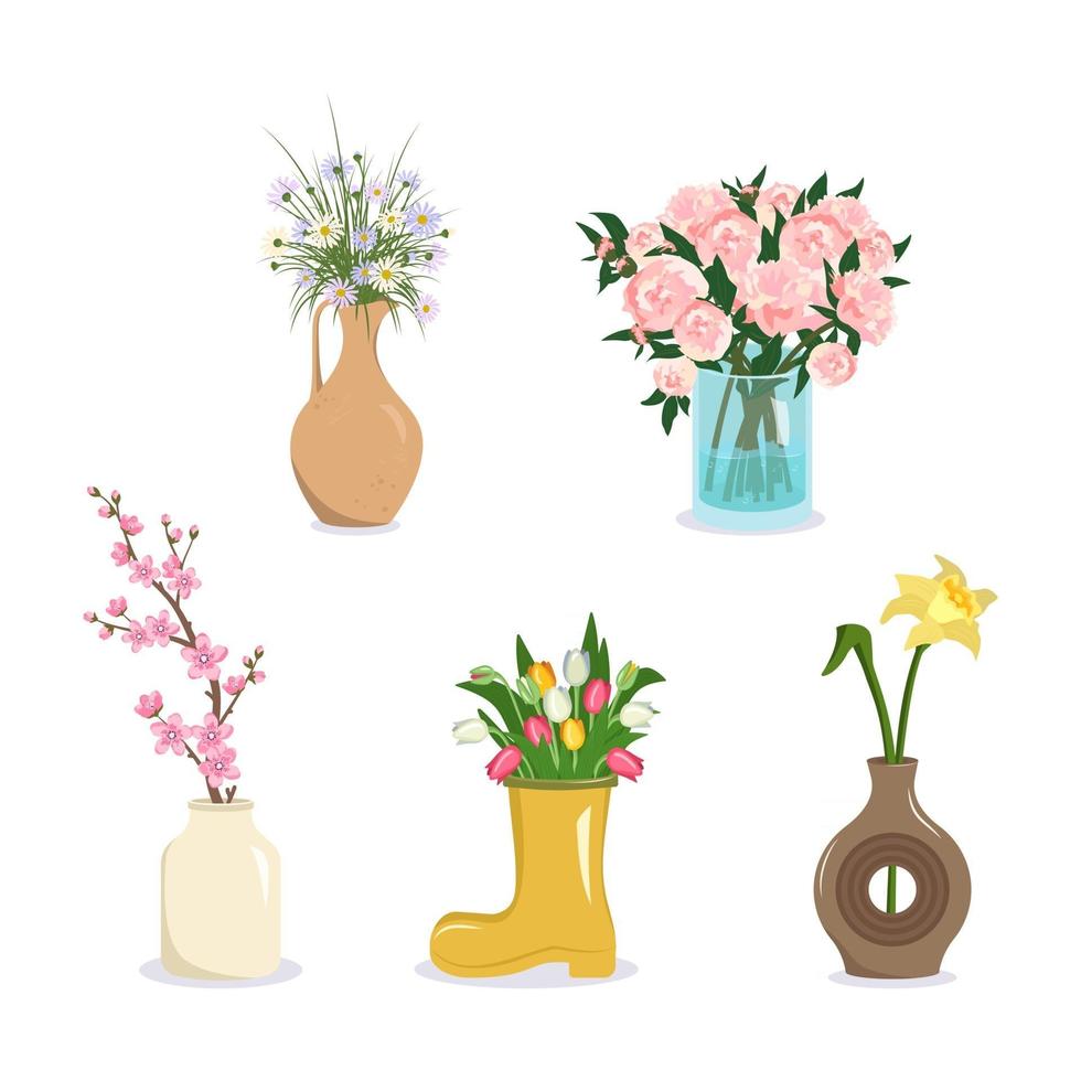 Cute spring and summer flowers in a vase Bouquets of daisies peonies tulips daffodils sakura and cherry blossoms International Women Day decoration and gift Plant shop vector