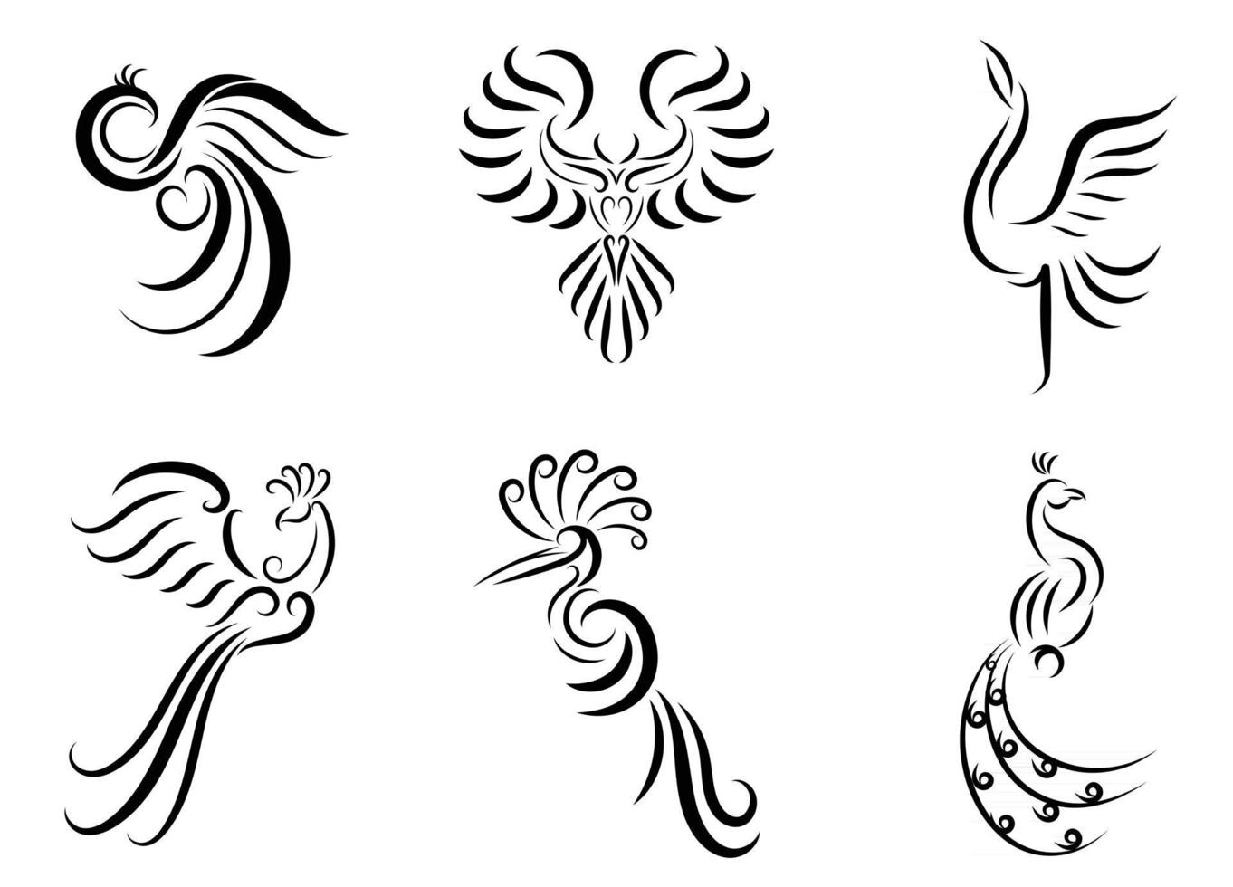 conjunto de seis imágenes vectoriales de arte lineal de varias aves hermosas como el faisán, la grúa pavo real, el fénix y el águila, buen uso para el símbolo, el icono de la mascota, el avatar y el logotipo vector