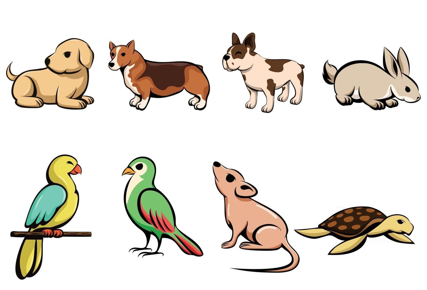 Vector illustration cartoon of eight different pet animals with puppy dog rabbit parrot bird mouse and turtle