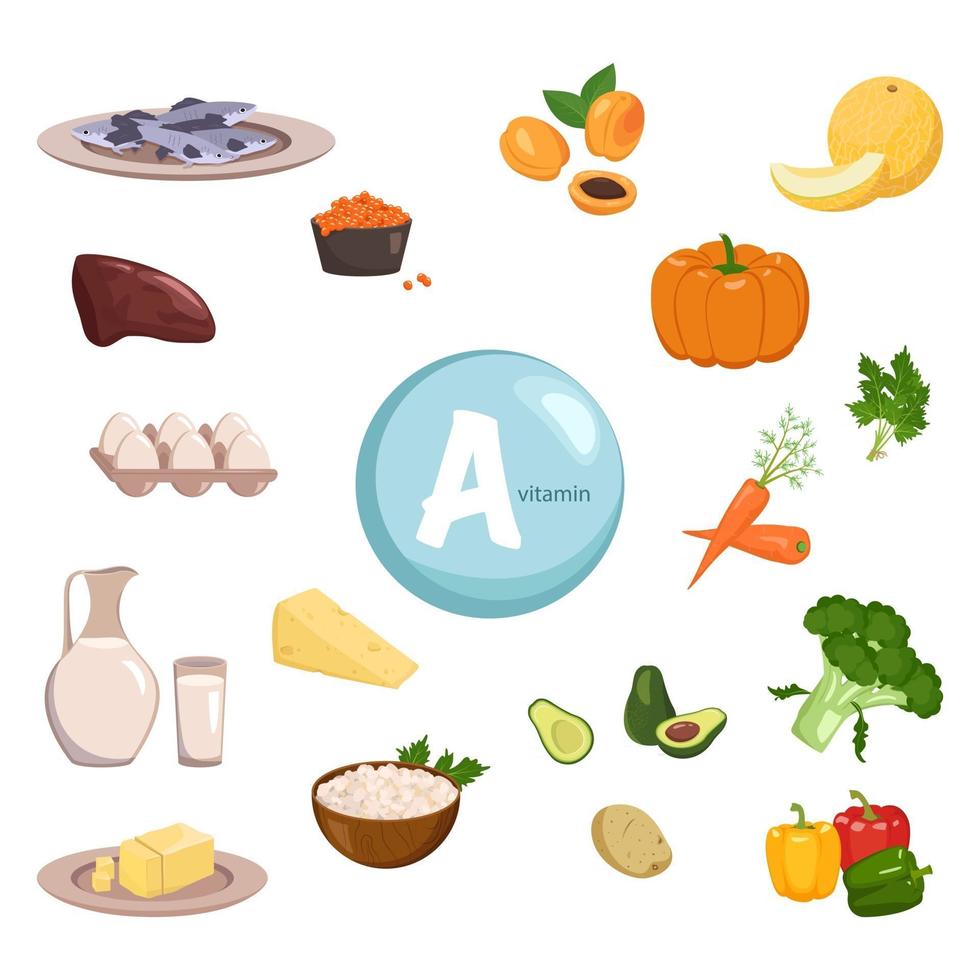 Source of vitamin A. Collection of vegetables, fruits and herbs. Diet food. Healthy lifestyle. The composition of the products. Vector illustration