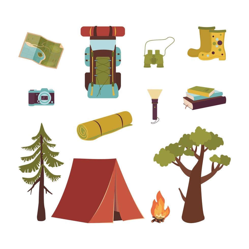 Big set of tourist items for vacation. Luggage icons for travel and hike. A collection of objects and accessories for outdoor recreation and journey around the world. Vector flat illustration