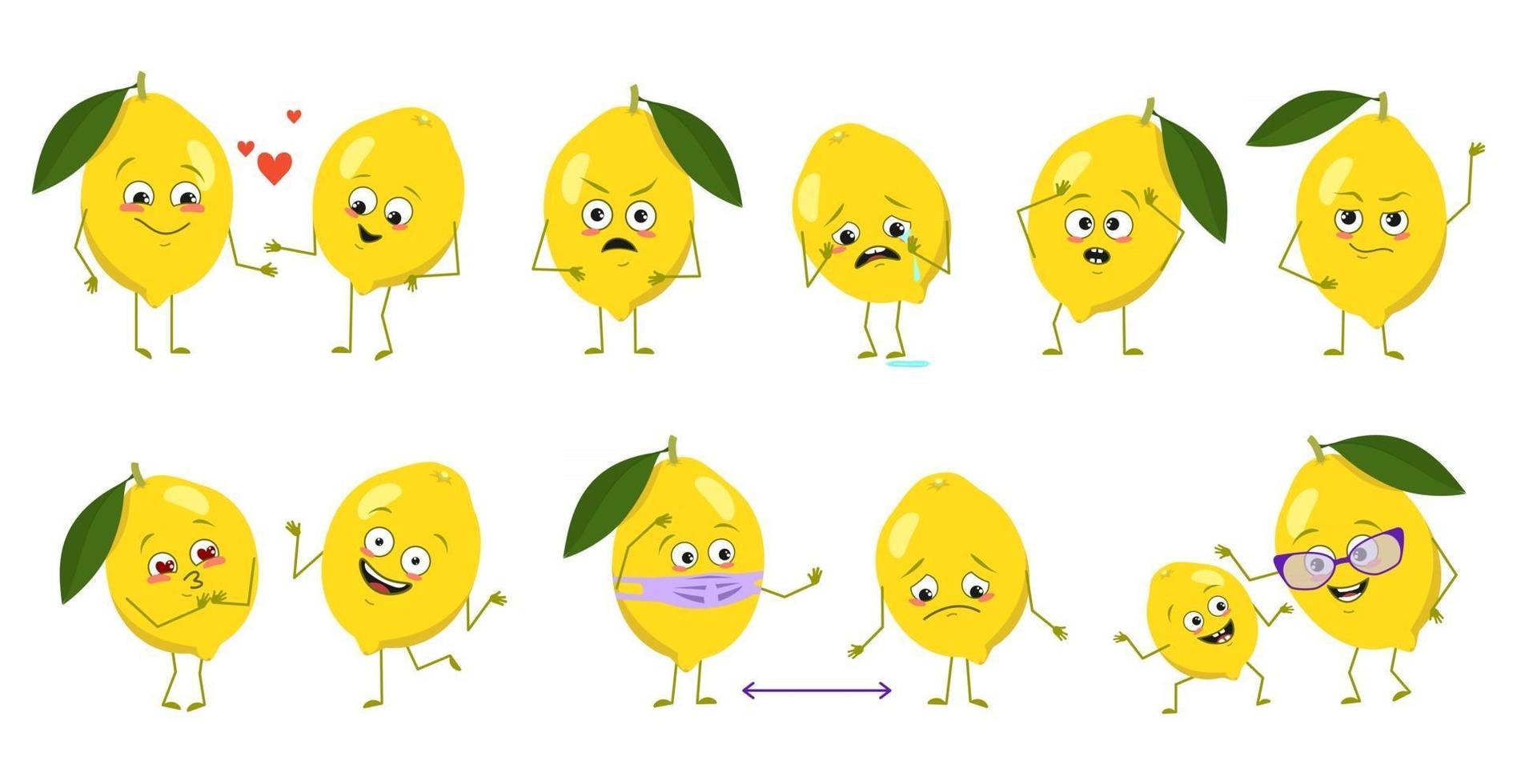 Set of cute lemon characters with emotions, faces, arms and legs. Happy or sad heroes, citrus fruits play, fall in love, keep their distance with a mask, a smile or tears. Vector flat illustration