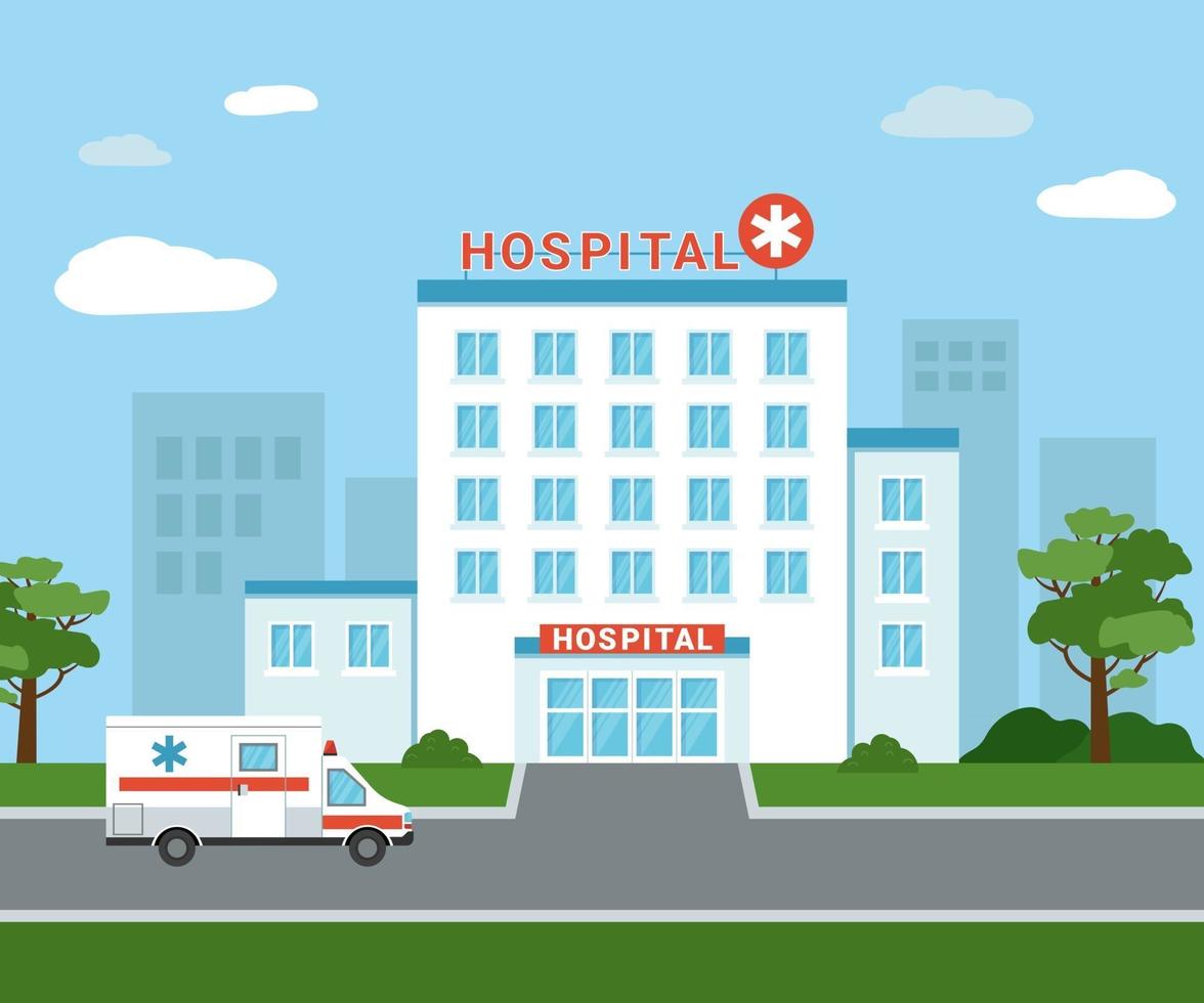 edificio del hospital médico en el exterior. una ambulancia junto al edificio del hospital. Vista exterior del centro médico aislado con árboles y nubes en el fondo. ilustración vectorial plana vector