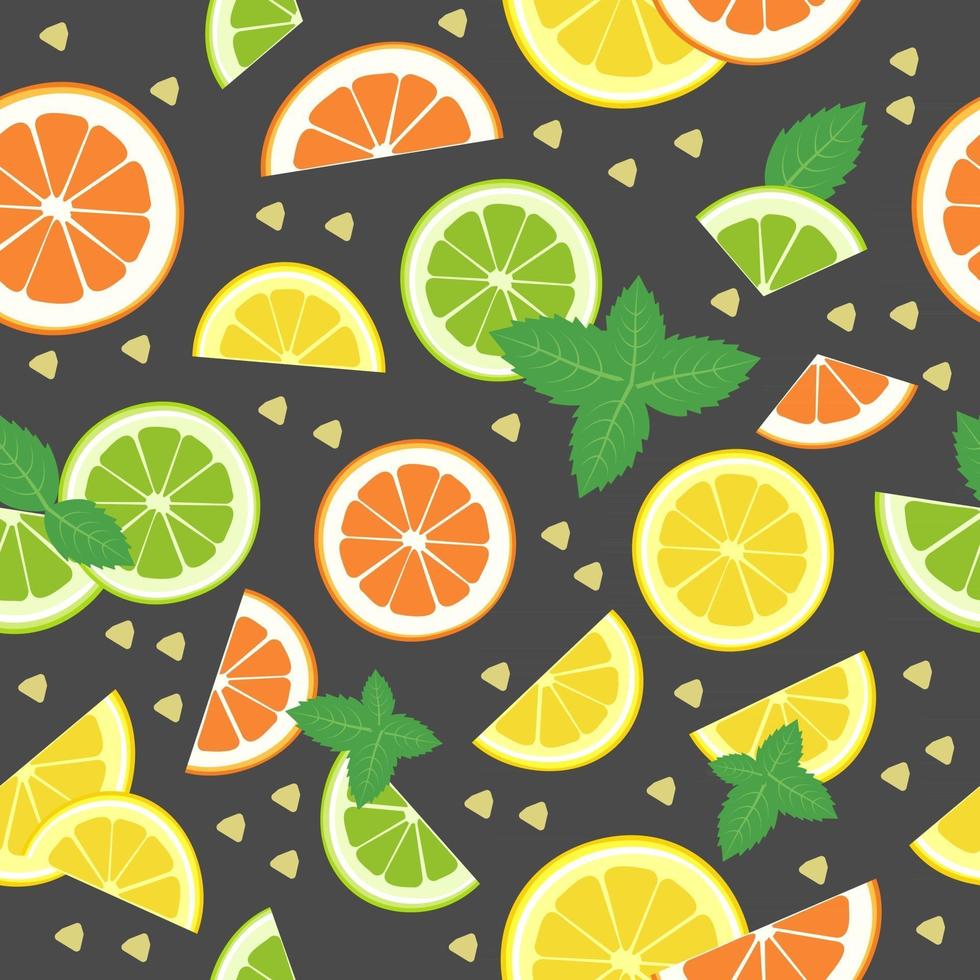 limón, mandarina, rodajas de lima, hojas de menta, rodajas de jengibre. patrón brillante transparente sobre un fondo blanco. un conjunto de frutas cítricas para un estilo de vida saludable. vector ilustración plana de comida útil