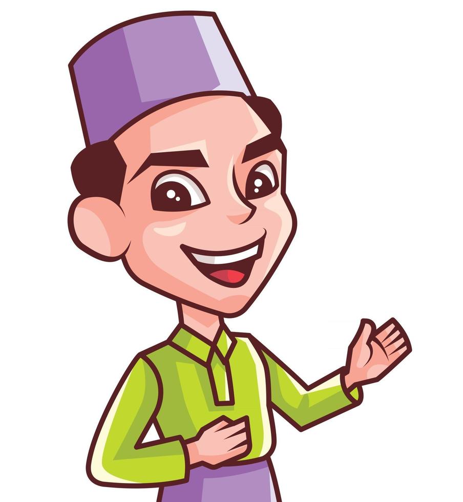 Smiling muslim male with Baju Melayu presenting on white space vector