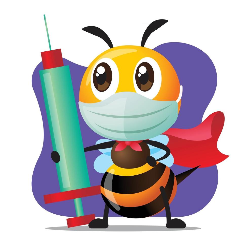 Cartoon superhero bee wears surgical mask and holds Syringe with Needle for injection or vaccination vector