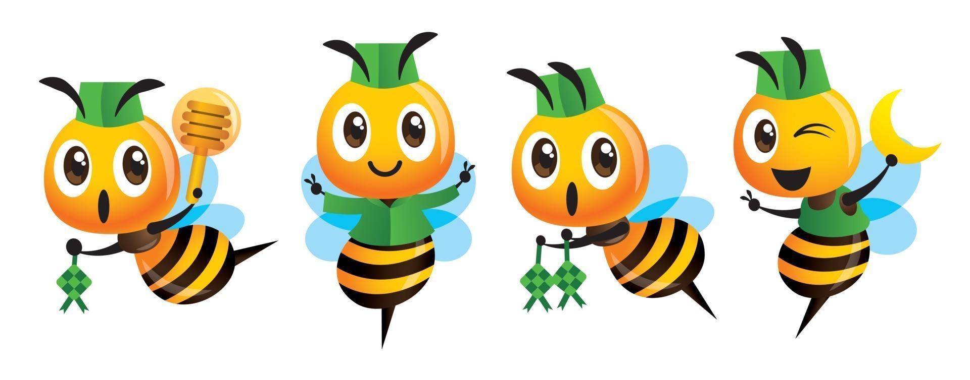 Cartoon cute bee celebrate Muslim festival with holding islamic elements vector