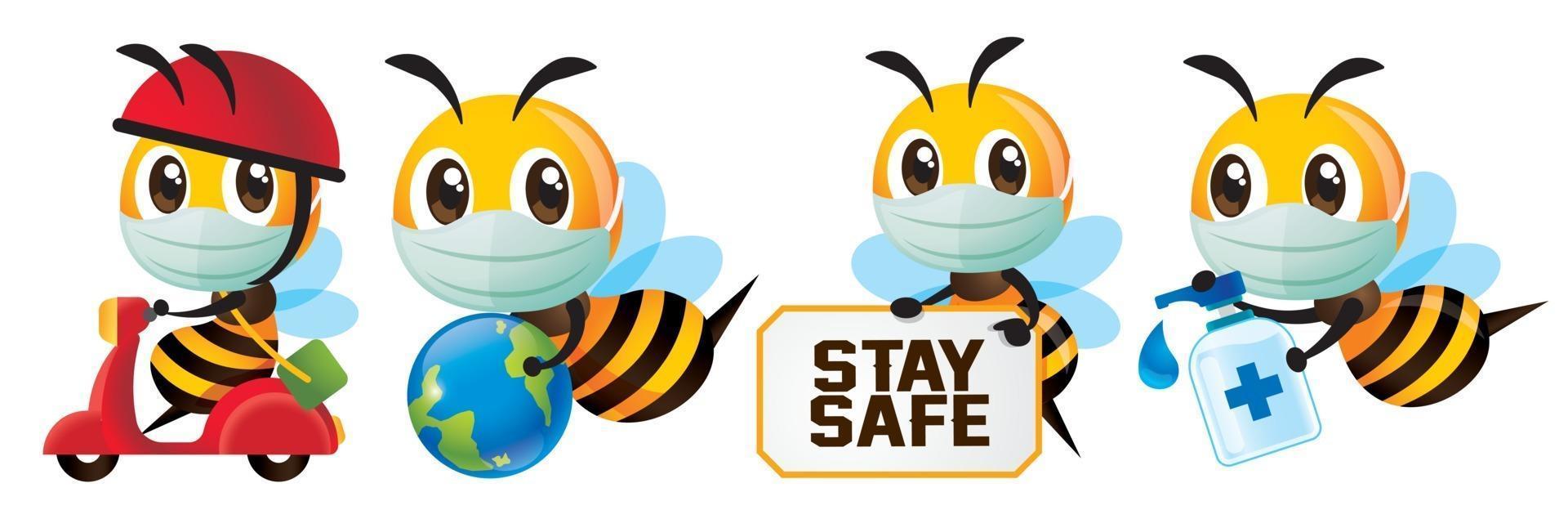 Cartoon cute bee frontliners with protective face mask for global health awareness against virus mascot set vector