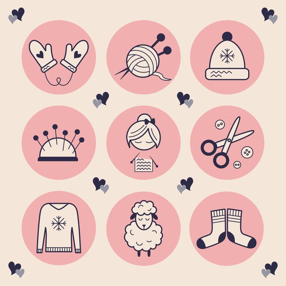 iconos con estilo para la costura. imágenes de una tejedora, tijeras, botones, un gorro, mitones con corazones, lana de oveja suave y tibia, un ovillo de lana con agujas de tejer. Destacados elegantes hechos a mano. vector