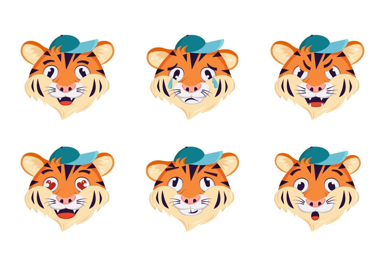 A set of tiger with different emotions. Cheerful, sad or angry symbol of the year. Wild animals of africa. Vector cartoon illustration