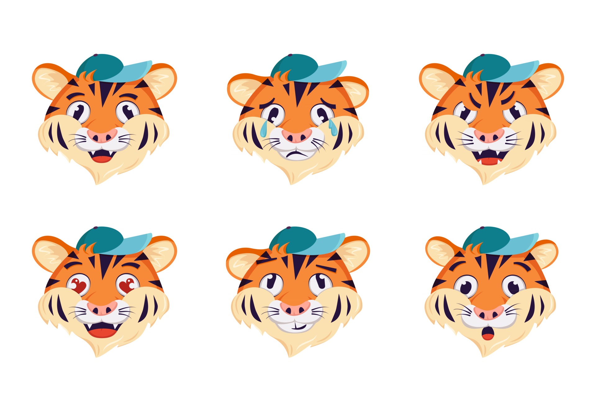 A set of tiger with different emotions. Cheerful, sad or angry symbol of  the year. Wild animals of africa. Vector cartoon illustration 2423325  Vector Art at Vecteezy