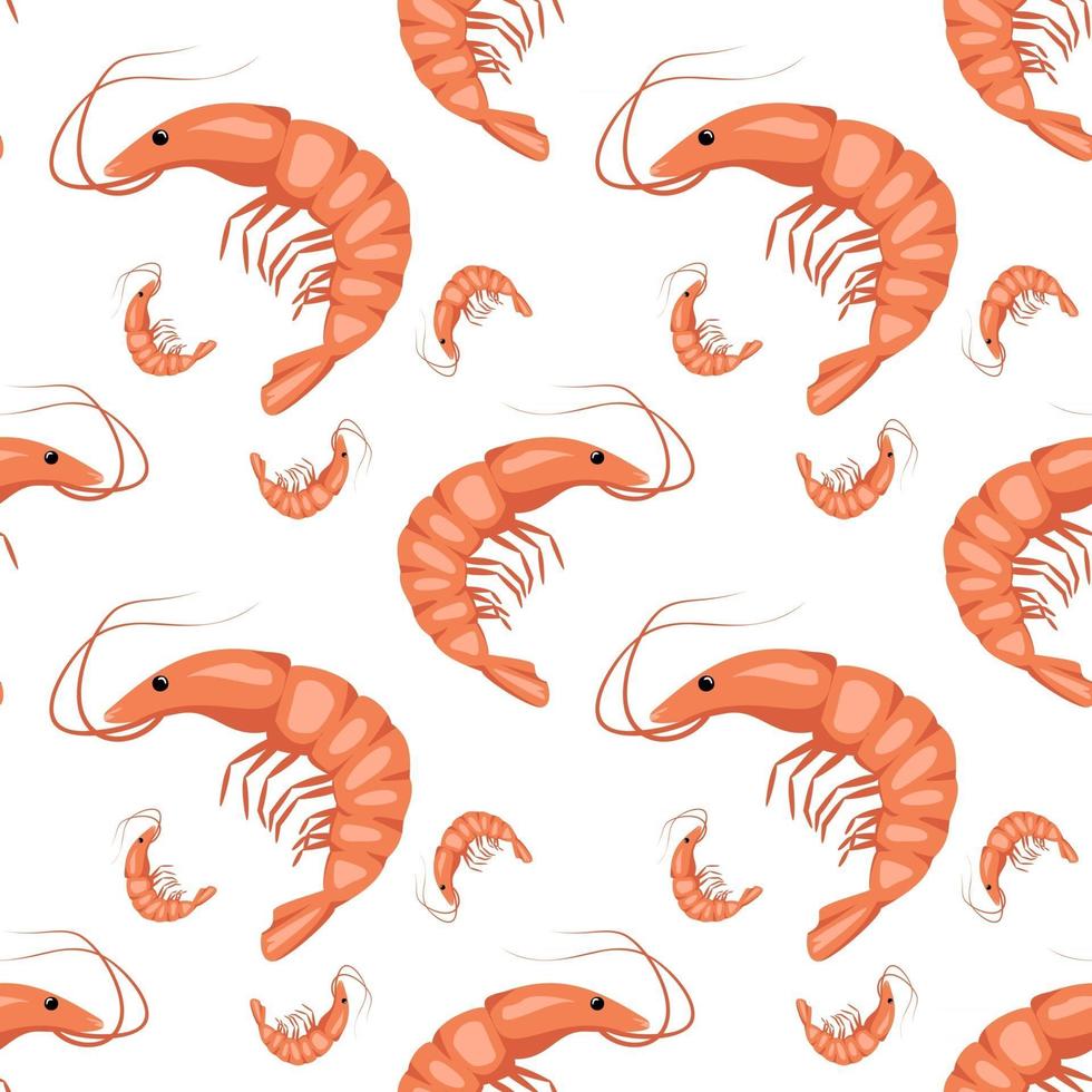 Seamless pattern with shrimps or prawns on a white background. Cute print for textiles, paper and other designs. A source of vitamins and healthy nutrition. Vector flat illustration