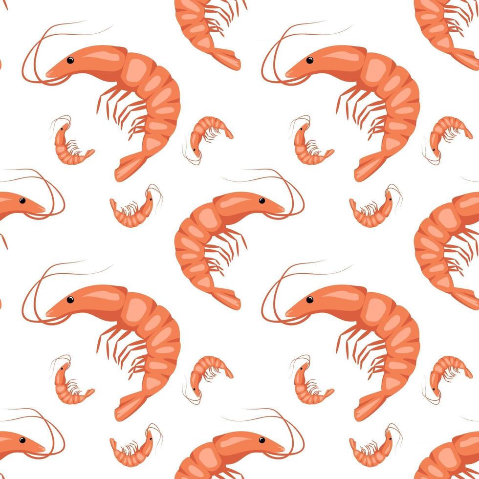 Seamless pattern with shrimps or prawns on a white background. Cute print for textiles, paper and other designs. A source of vitamins and healthy nutrition. Vector flat illustration