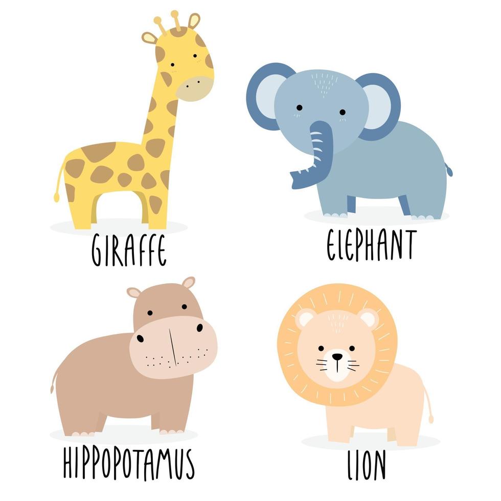 lindo animal salvaje jirafa elefante hipopótamo y león personaje de dibujos animados vector