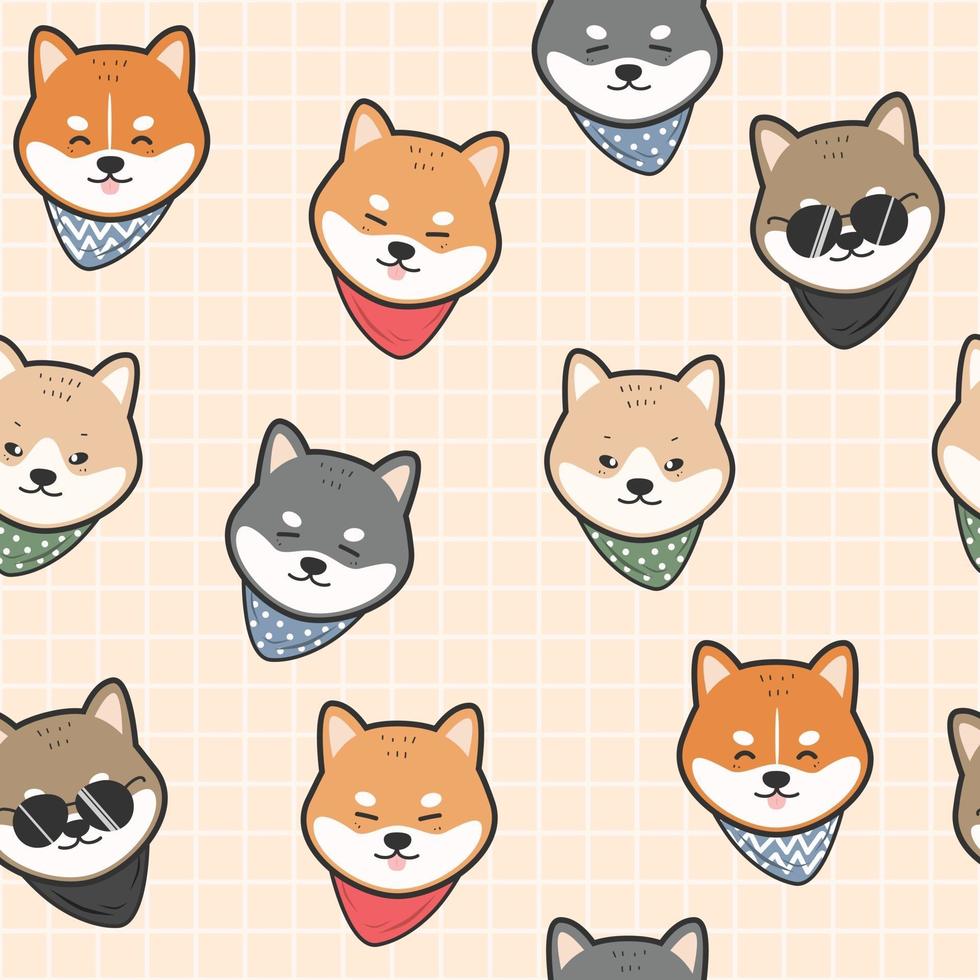 Cute shiba inu japanese dog head cartoon doodle seamless pattern vector