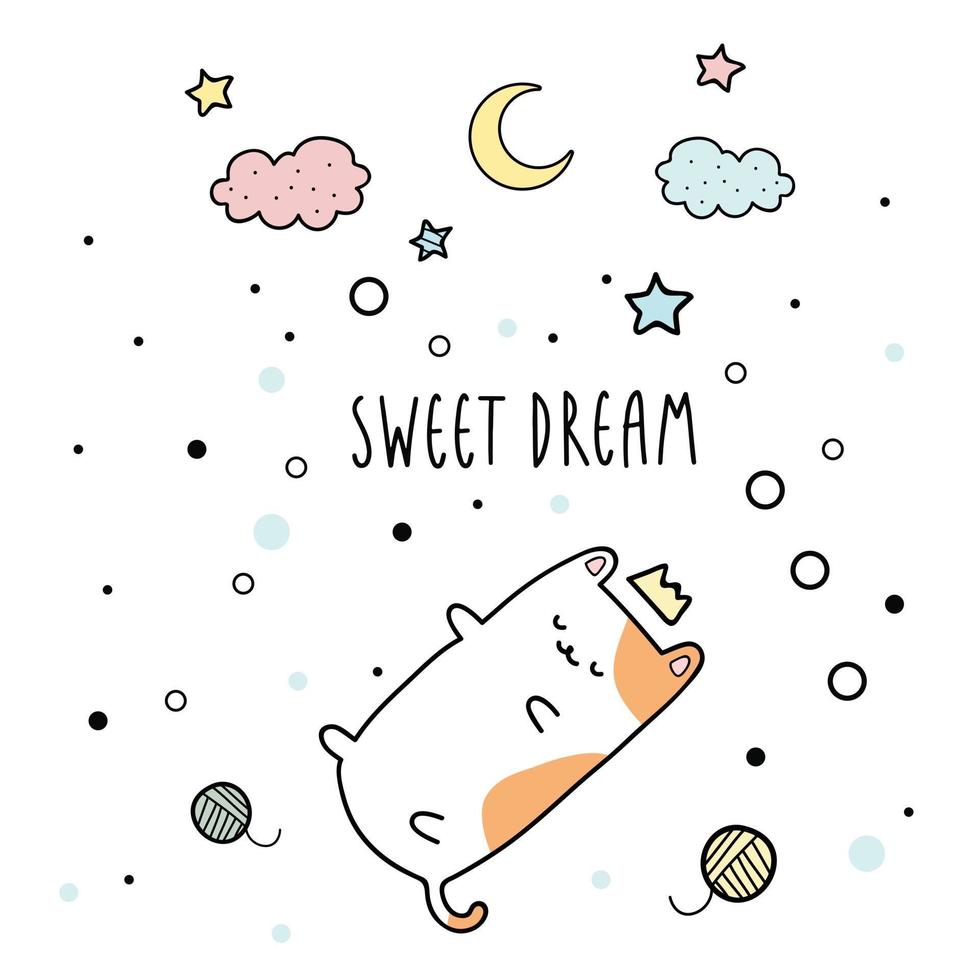 Cute chubby cat sleeping sweet dream cartoon doodle vector