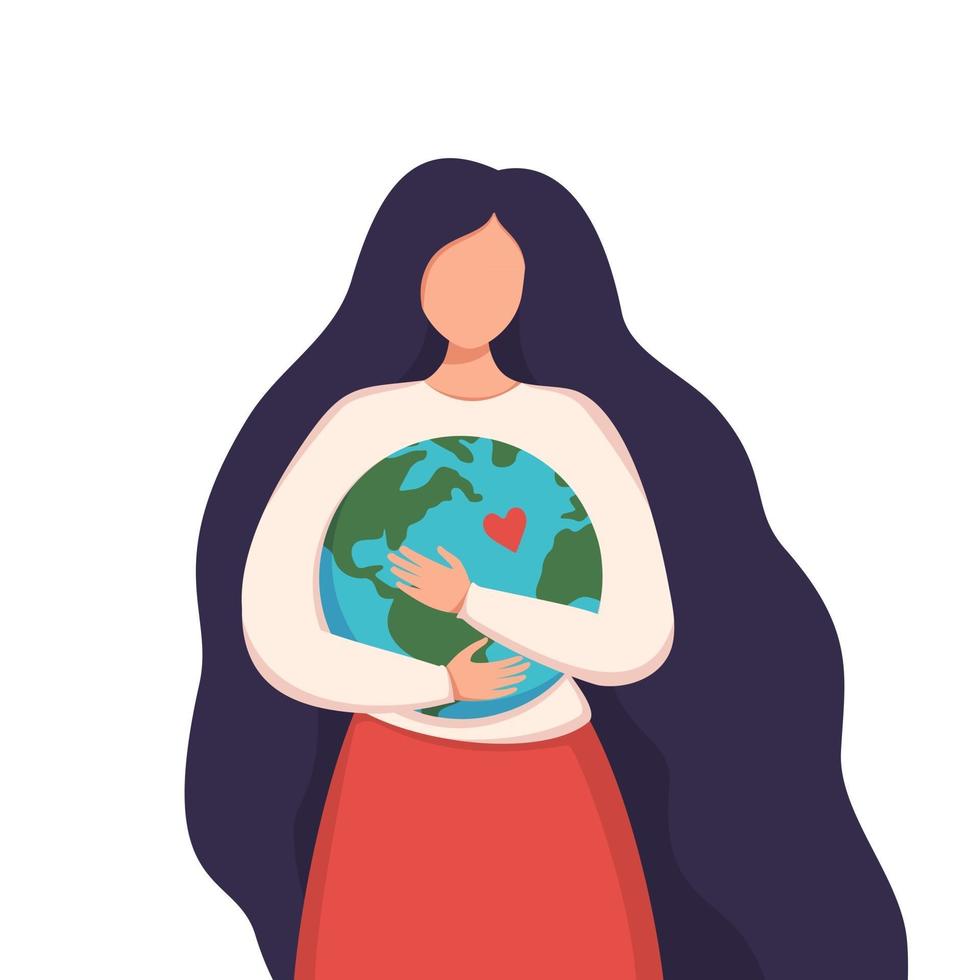 A woman with long dark hair hugs the Earth. Take care of our planet. Day or hour of the Earth. Love and care for the environment. Vector flat illustration