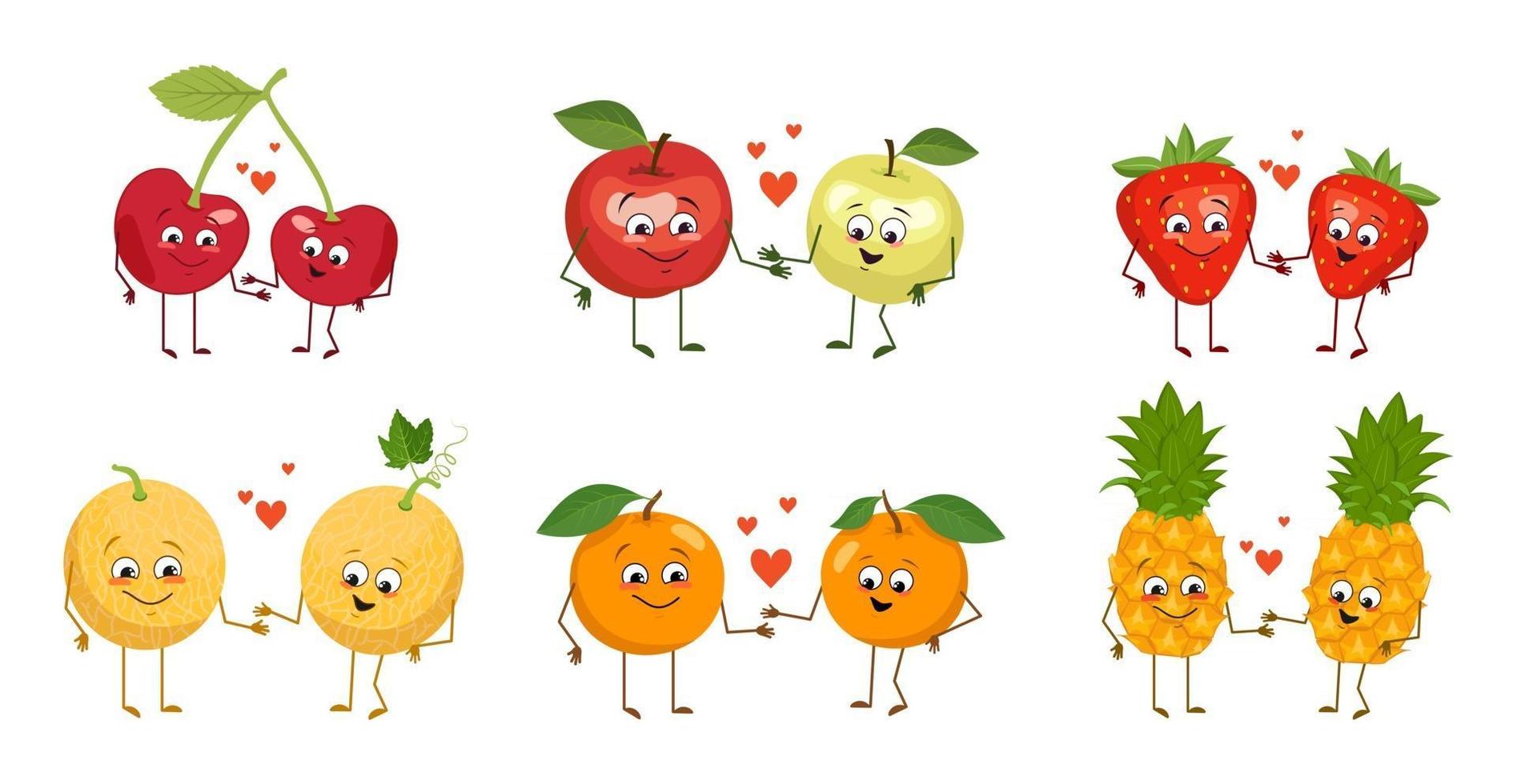 Set of cute characters of fruits and berries with emotions, faces, arms and legs. Happy people in love hold hands and smile. Vector flat illustration