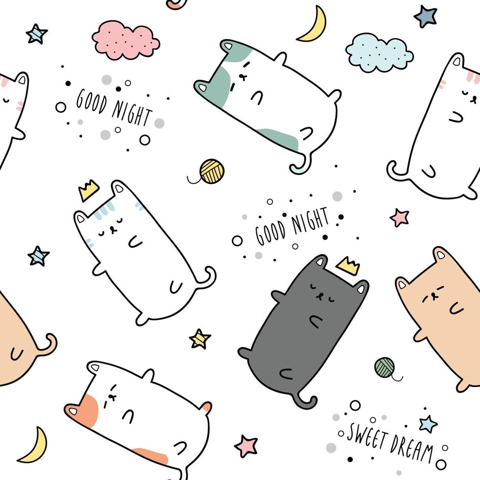 Cute chubby cat kitten sleeping cartoon doodle seamless pattern vector