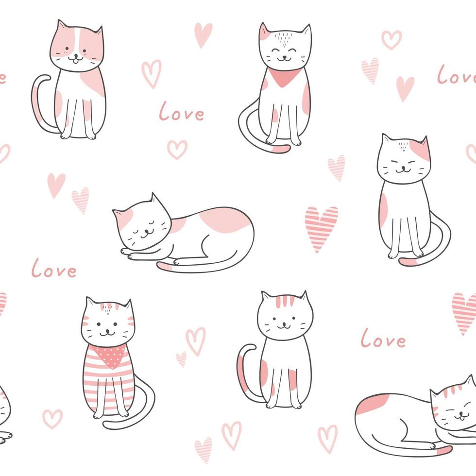 Cute pink cat kitten cartoon doodle seamless pattern vector