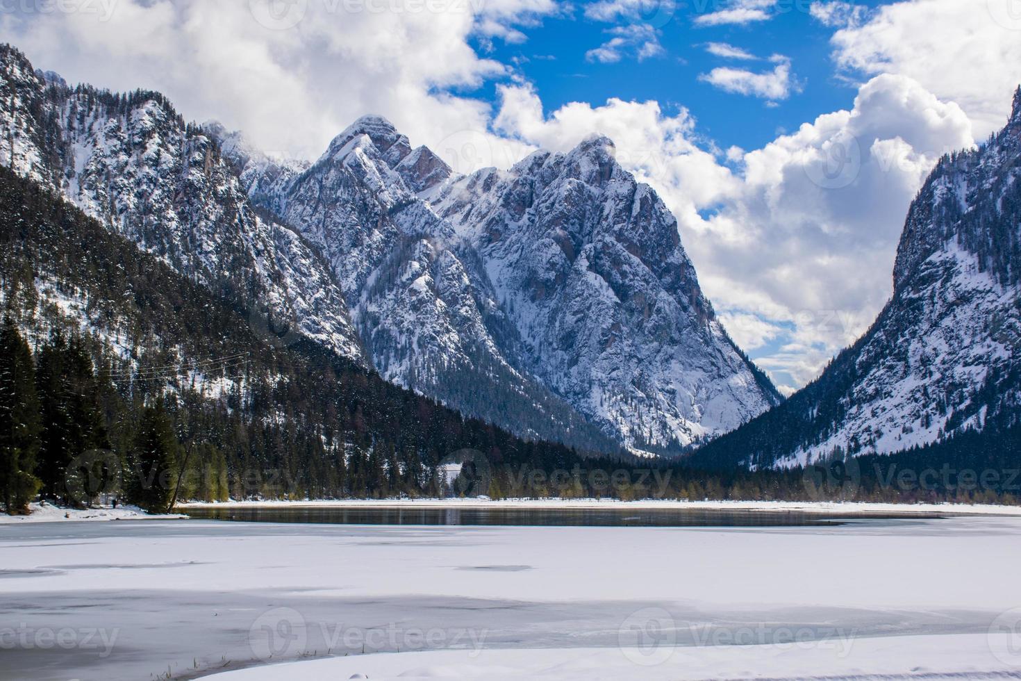 Alpine lake with snowy peaks photo