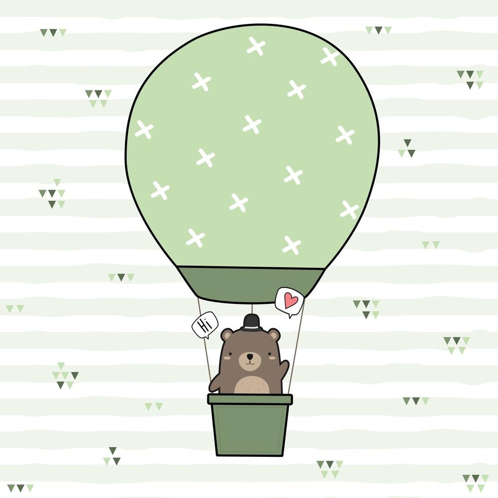 lindo oso de peluche montando globo de aire caliente saludo doodle de dibujos animados vector