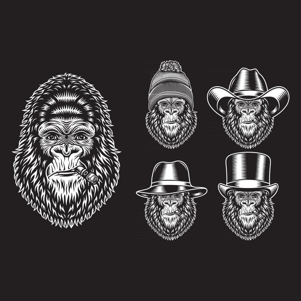 Gorilla Head Smoking Characters On Black vector