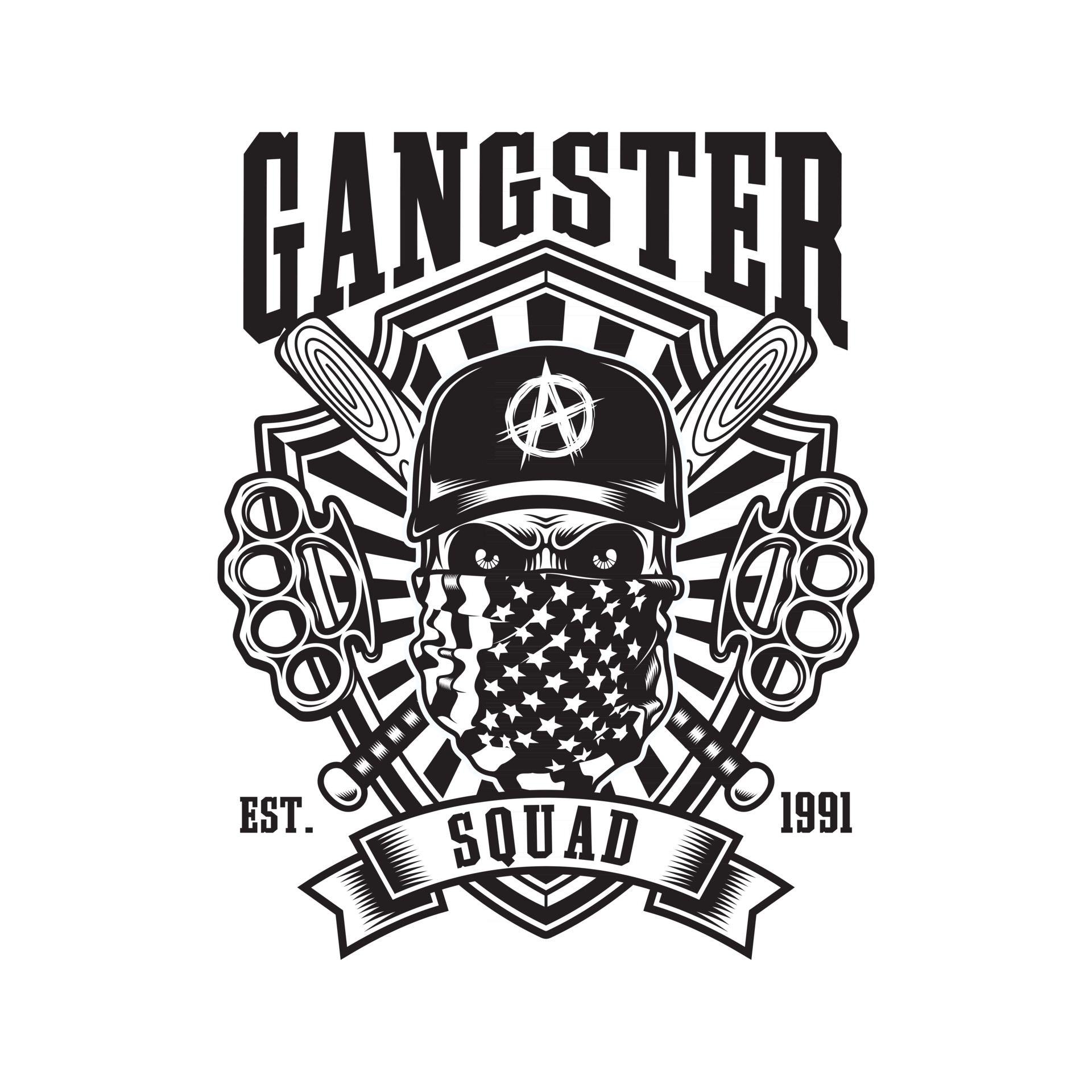 Gangster Skull With Crossed Baseball Bats and Brass Knuckles Emblem