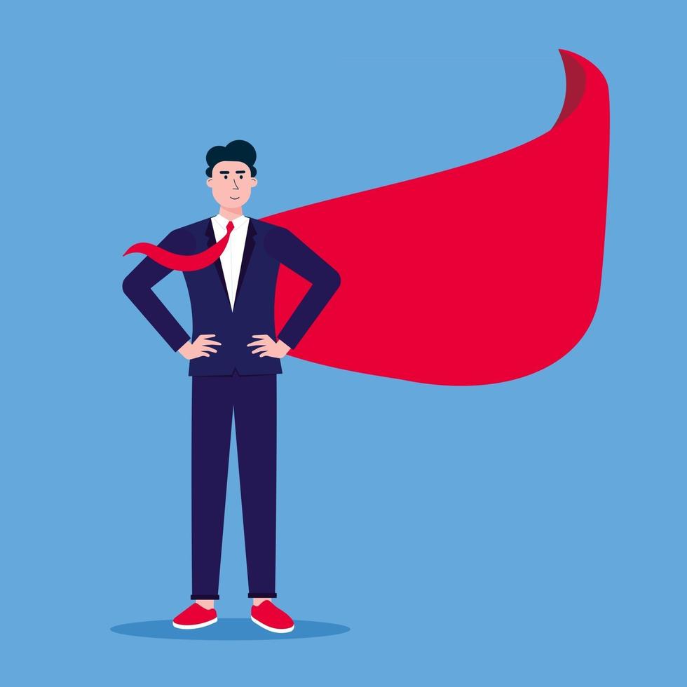 Successful male man leader business man in suit and red cape flat style design vector illustration isolated on blue background Concept of leadership and success in business career growth