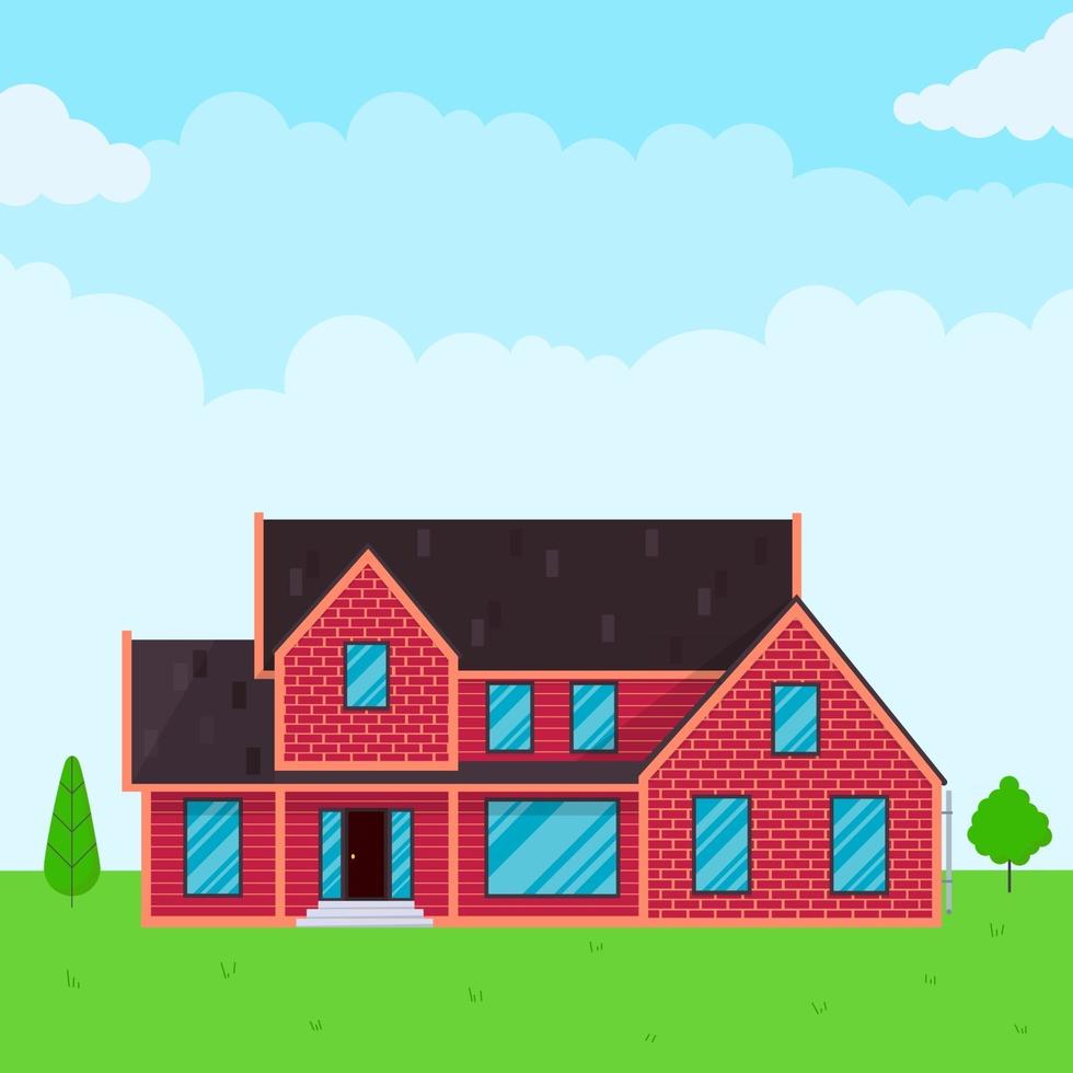 Brick house exterior flat style design vector illustration with roof windows and shadows Classic townhouse apartments Facade green grass and trees Cloudy sky