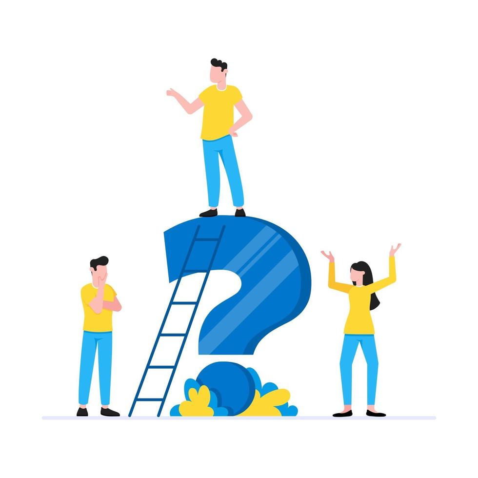 Teamwork concept with tiny people characters working together with big question mark frequently asked questions concept vector