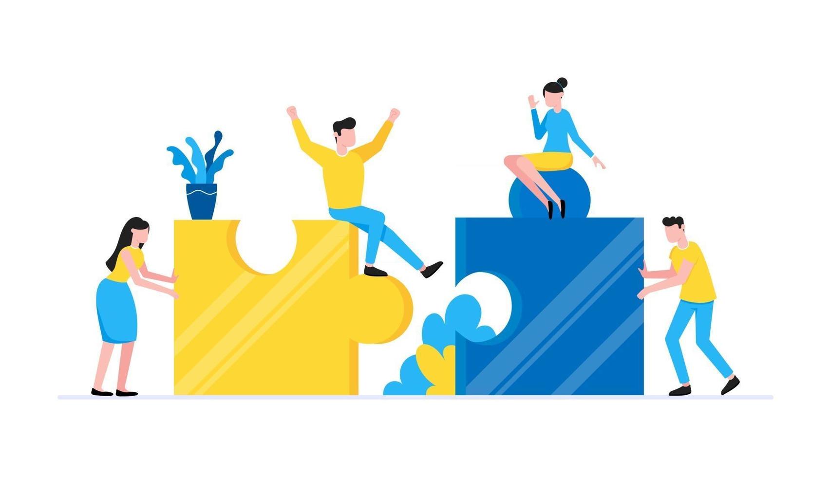 Teamwork concept with tiny people characters working together with big jigsaw puzzle pieces vector