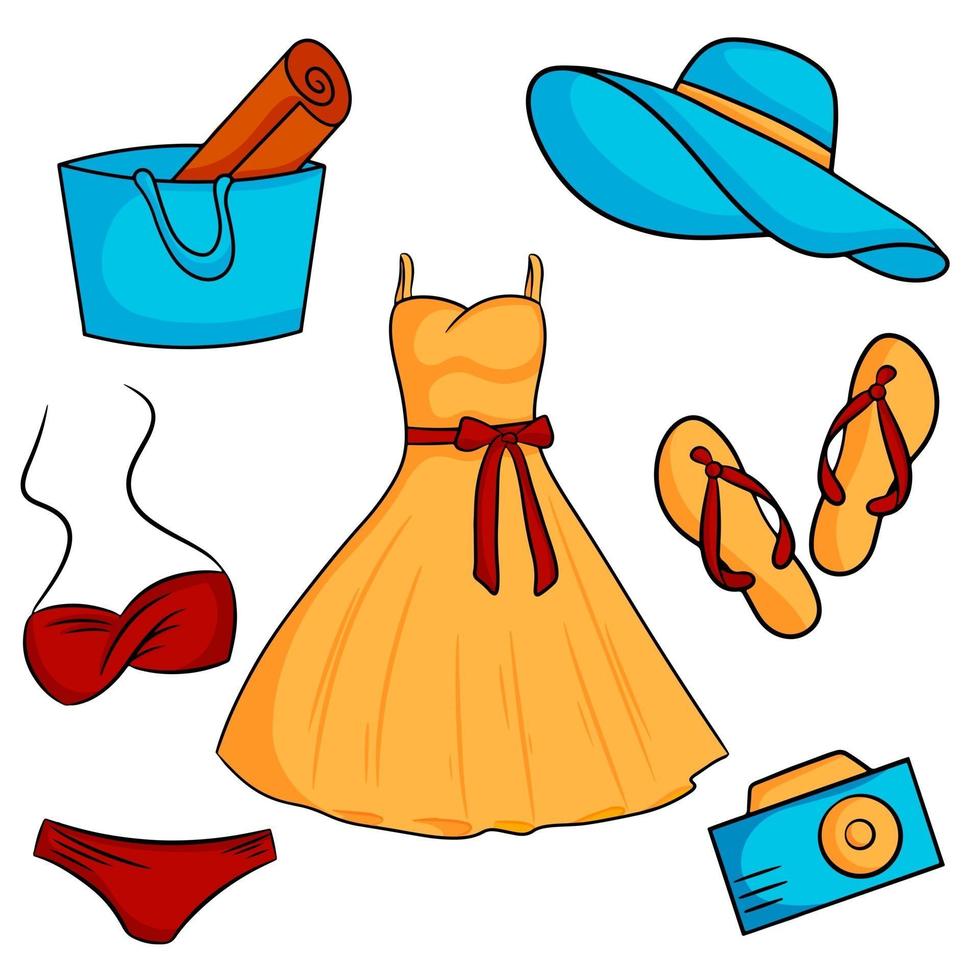 conjunto de elementos de verano chanclas vestido sombrero de playa traje de baño bolsa de playa cámara ilustración vectorial estilo de dibujos animados vector