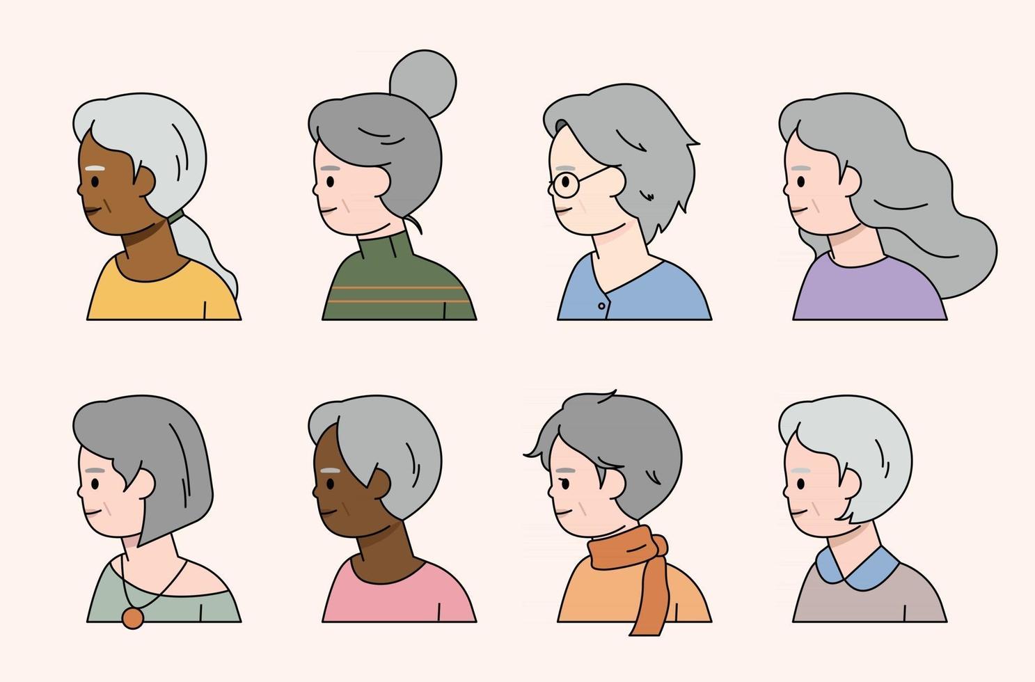 varios peinados para mujeres mayores. Ilustración de vector mínimo de estilo de diseño plano.