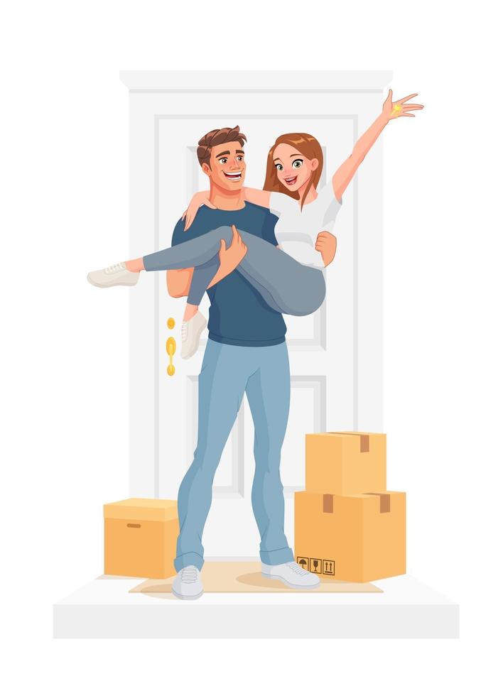 Man carrying woman at their new home vector illustration