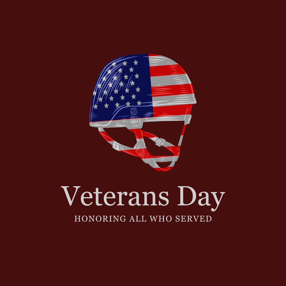 veterans day honoring all who served with army helmet and usa flag vector