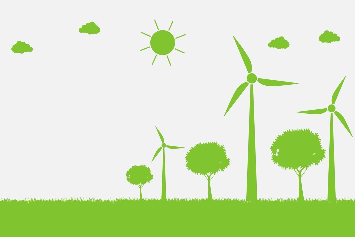 Wind turbines with trees and sun Clean energy with eco friendly concept ideas vector