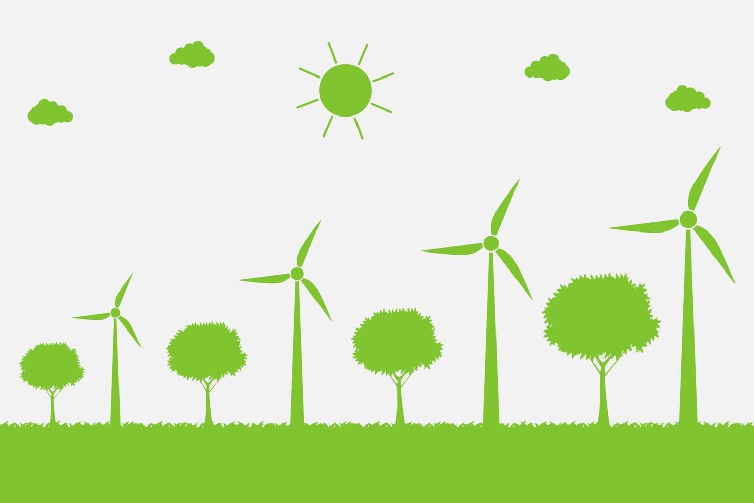 Wind turbines with trees and sun Clean energy with eco friendly concept ideas vector