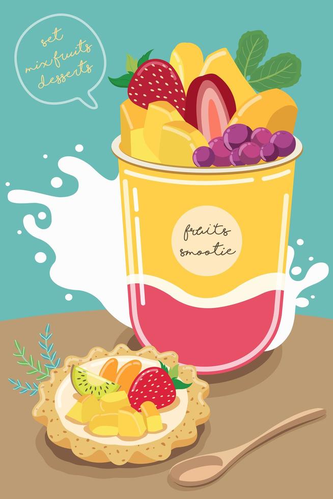 Conjunto de deliciosos dulces y postres con sabor a frutas mixtas. vector