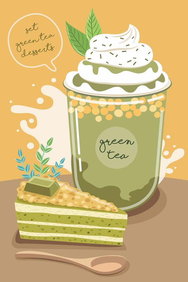 Conjunto de deliciosos dulces y postres con sabor a té verde. vector