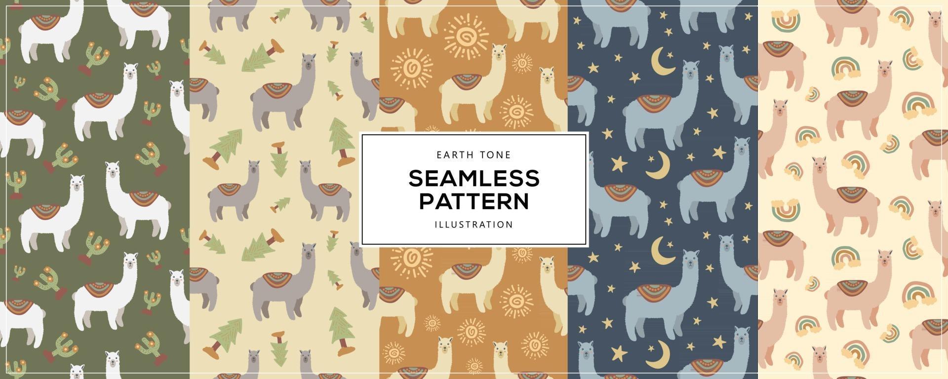 Earth Tone Illustration of Llama Alpaca Seamless Pattern vector