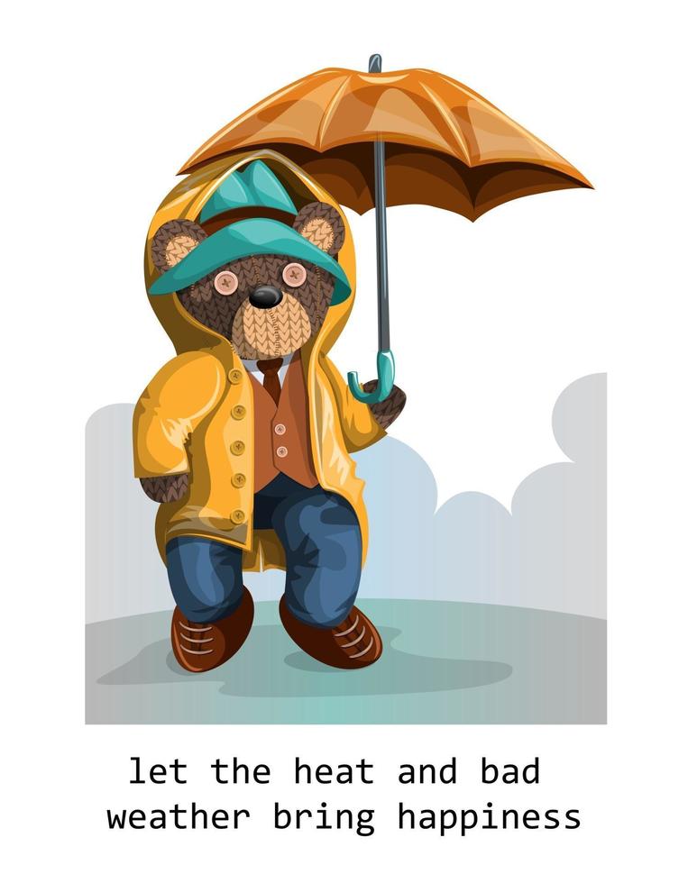 Vector image of a stuffed teddy bear depicted with a hint of humanity in a hat and coat with an umbrella in the rain