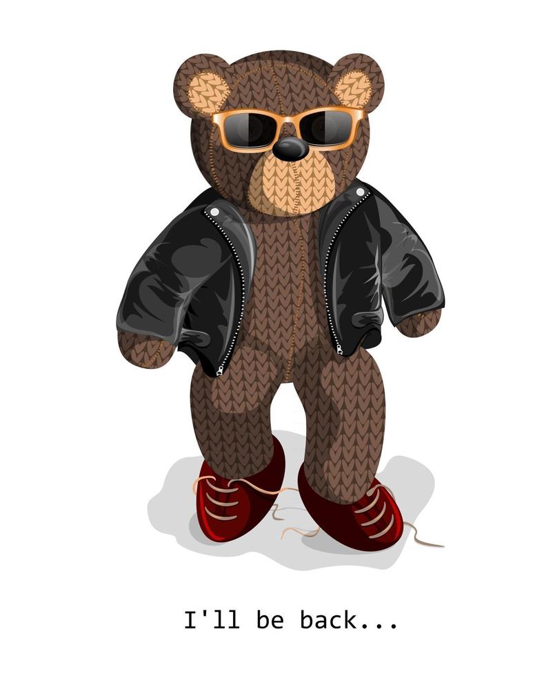 Vector image of a soft toy bear depicted alive with a hint of humanity standing in a leather jacket and sunglasses