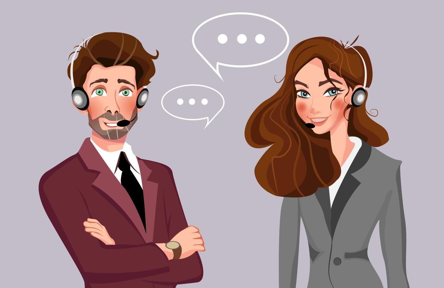 Male and female call center avatar icons with man and woman wearing headsets with speech bubbles conceptual of client services and communication Vector illustration