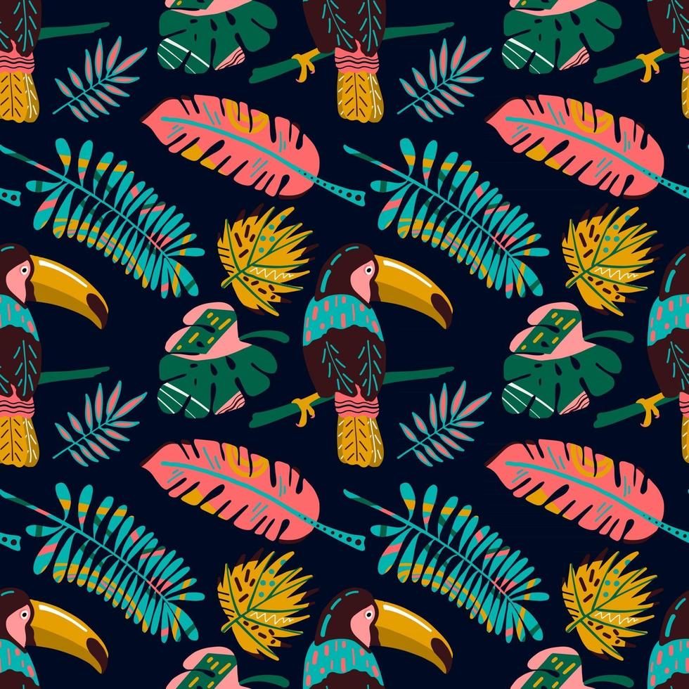 Hand drawn seamless pattern with tropical leaves and tucan vector