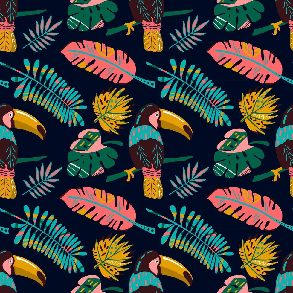 Hand drawn seamless pattern with tropical leaves and tucan vector