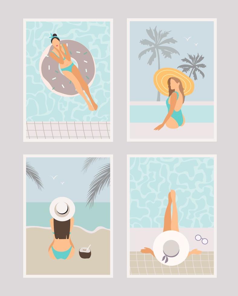 conjunto de tarjetas de verano hermosas mujeres están sentadas cerca de la piscina o en la playa vector