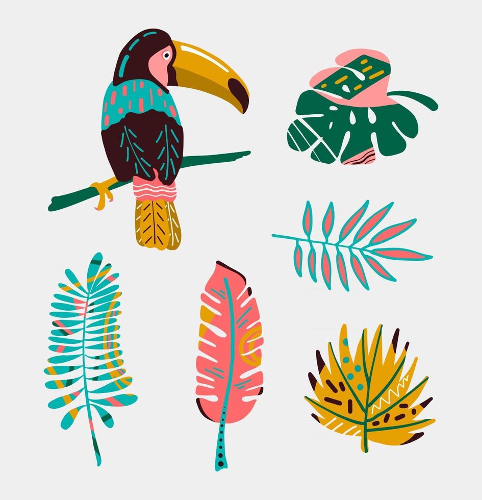 colorido pájaro tropical con hojas vector