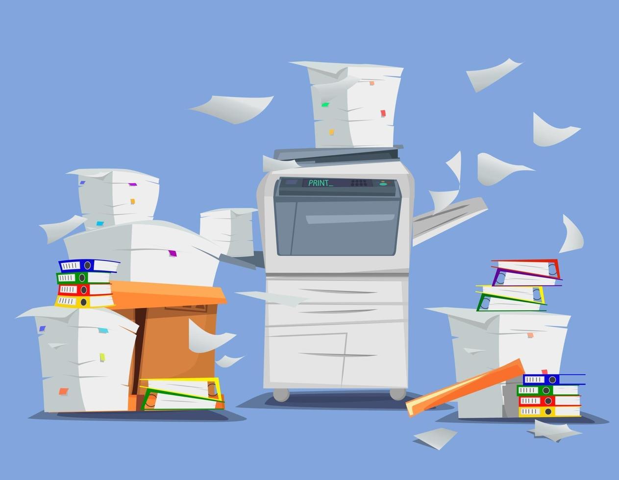 Office multifunction printer scanner Copier with flying paper isolated on background Copy machine with pile of documents stack of papers in cardboard boxes Vector cartoon illustration Flat design