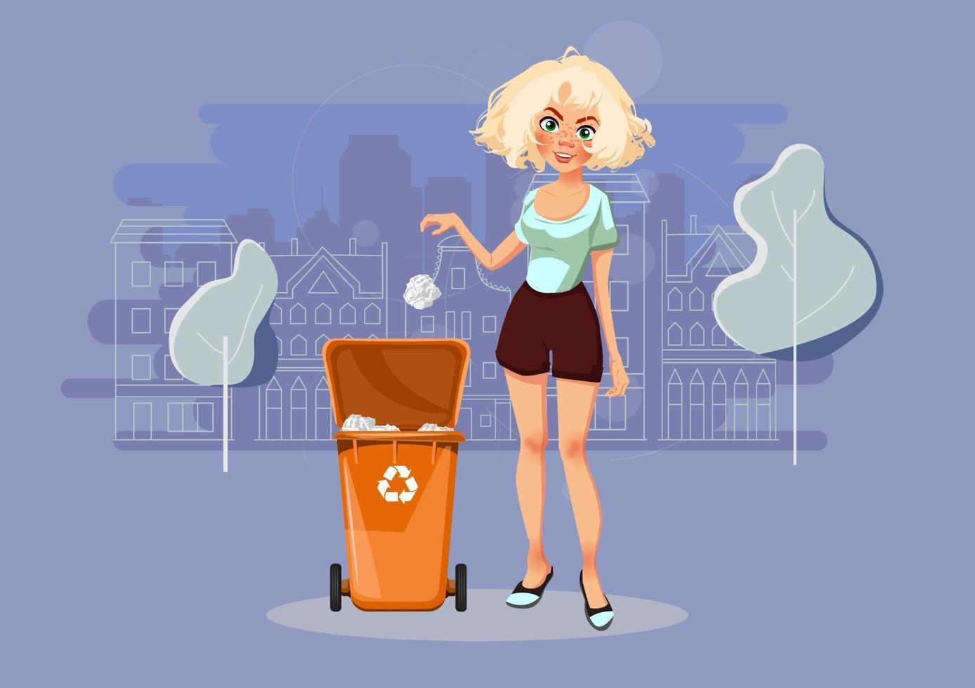 mujer con ilustración de vector de basura mantener limpio